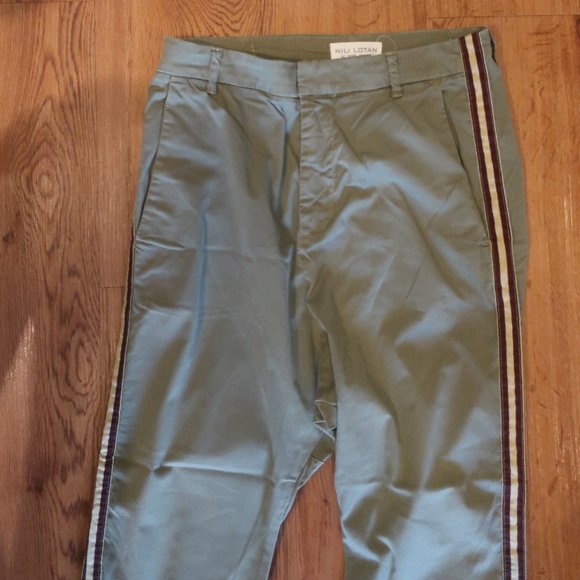 *Womens Nili Lotan Olive Green Tape Trim Drop Crotch Flat Front Paris Pants 2 - Picture 4 of 11